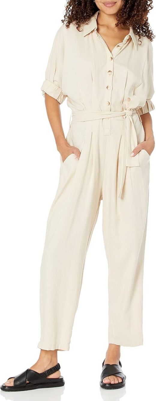 BlankNYC Linen Blend Cream Full Length Jumpsuit Size Small